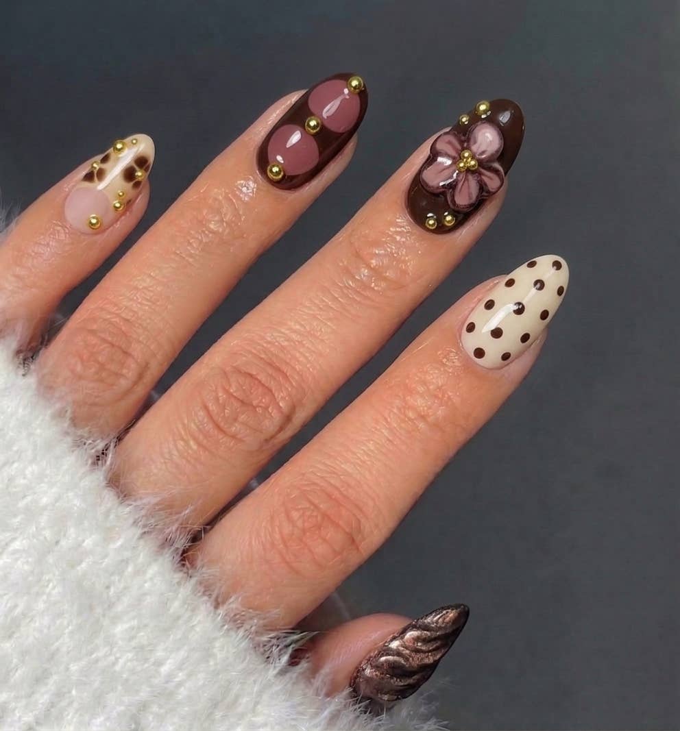 Cat-Eye French with Floral and Gold Accents Press-On Nails