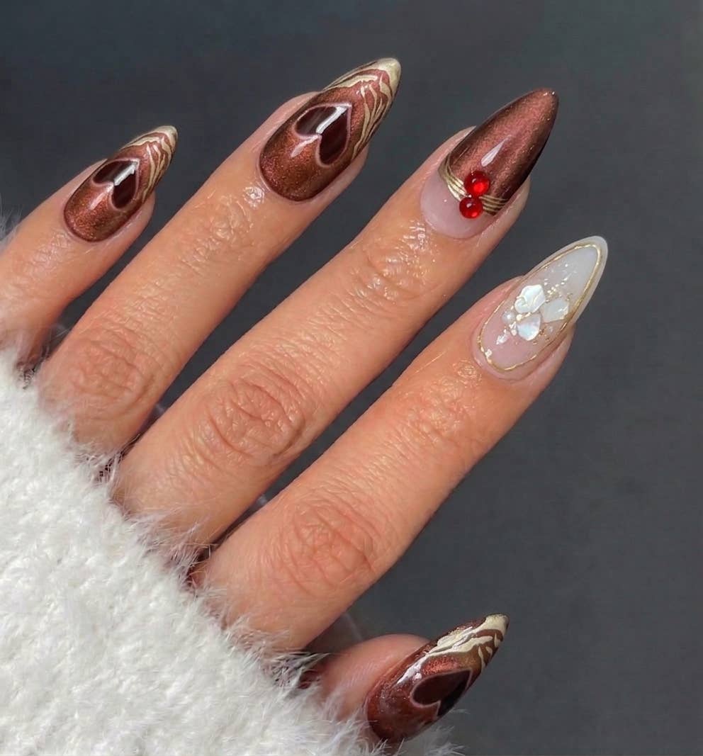 Ruby Heart and Pearl Cat-Eye Almond Press-On Nails - 24PCs