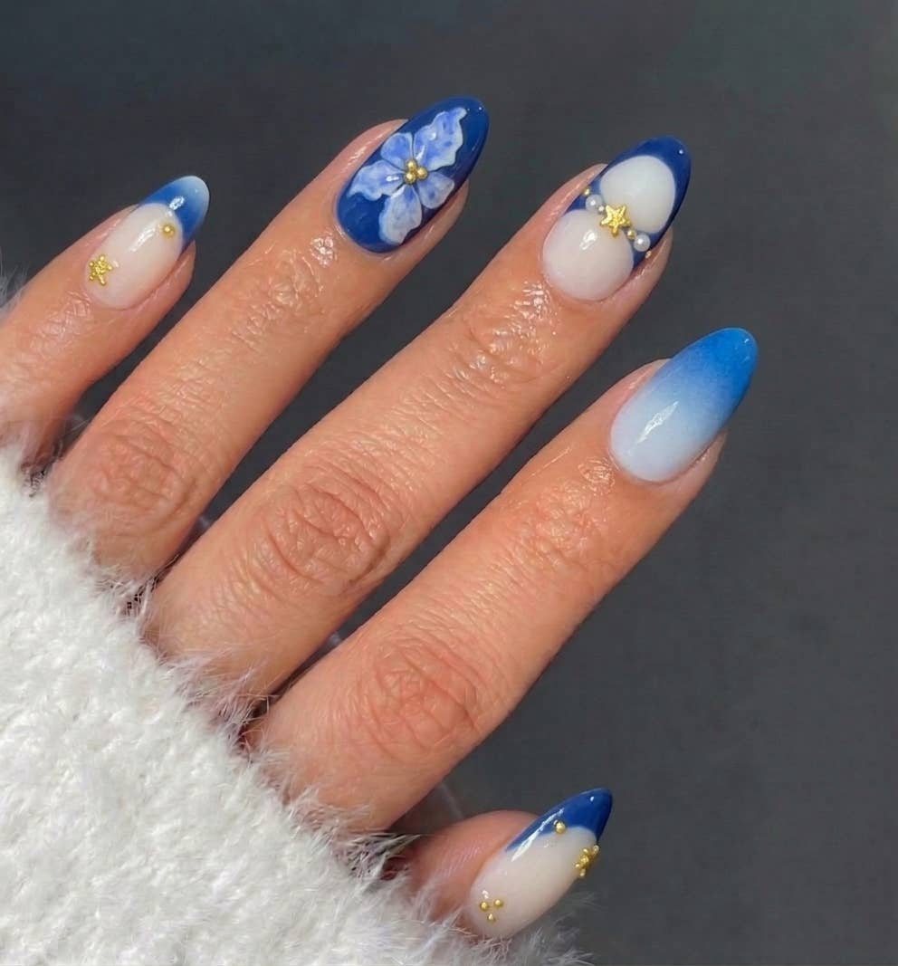 Iridescent Blue Marble and Pearl Accent Press-On Nails