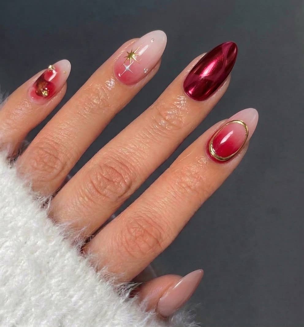 Deep Red Starry French Tip Press-On Nails - 24PCs