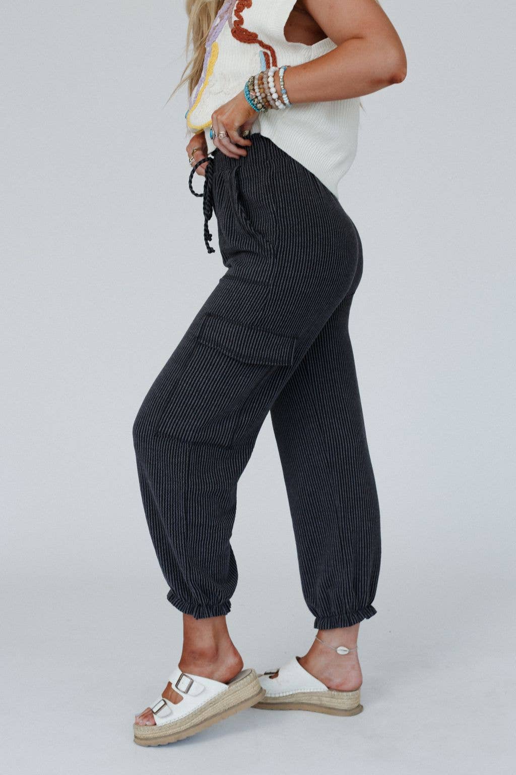 So Laid Back Textured Drawstring Pants - Charcoal