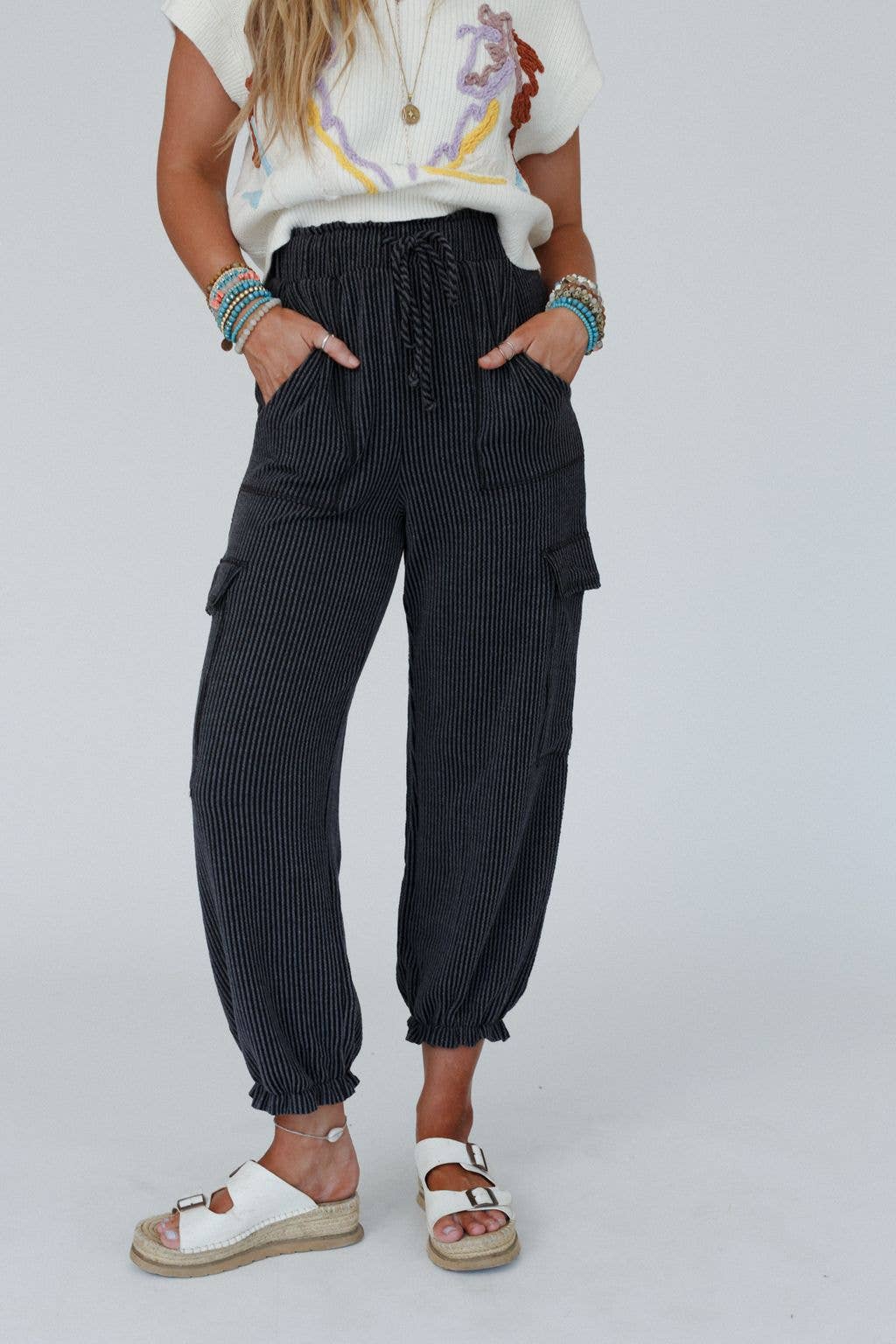 So Laid Back Textured Drawstring Pants - Charcoal
