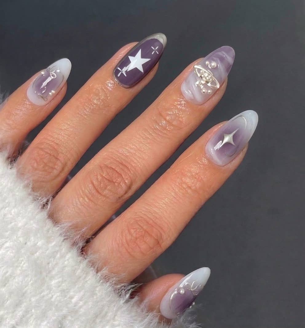 Celestial Purple Diamond and Bow Press-On Nails - 24PCs