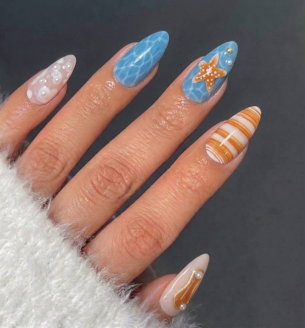 Oceanic Wave and Pearl Accent Press-On Nails - 24PCs