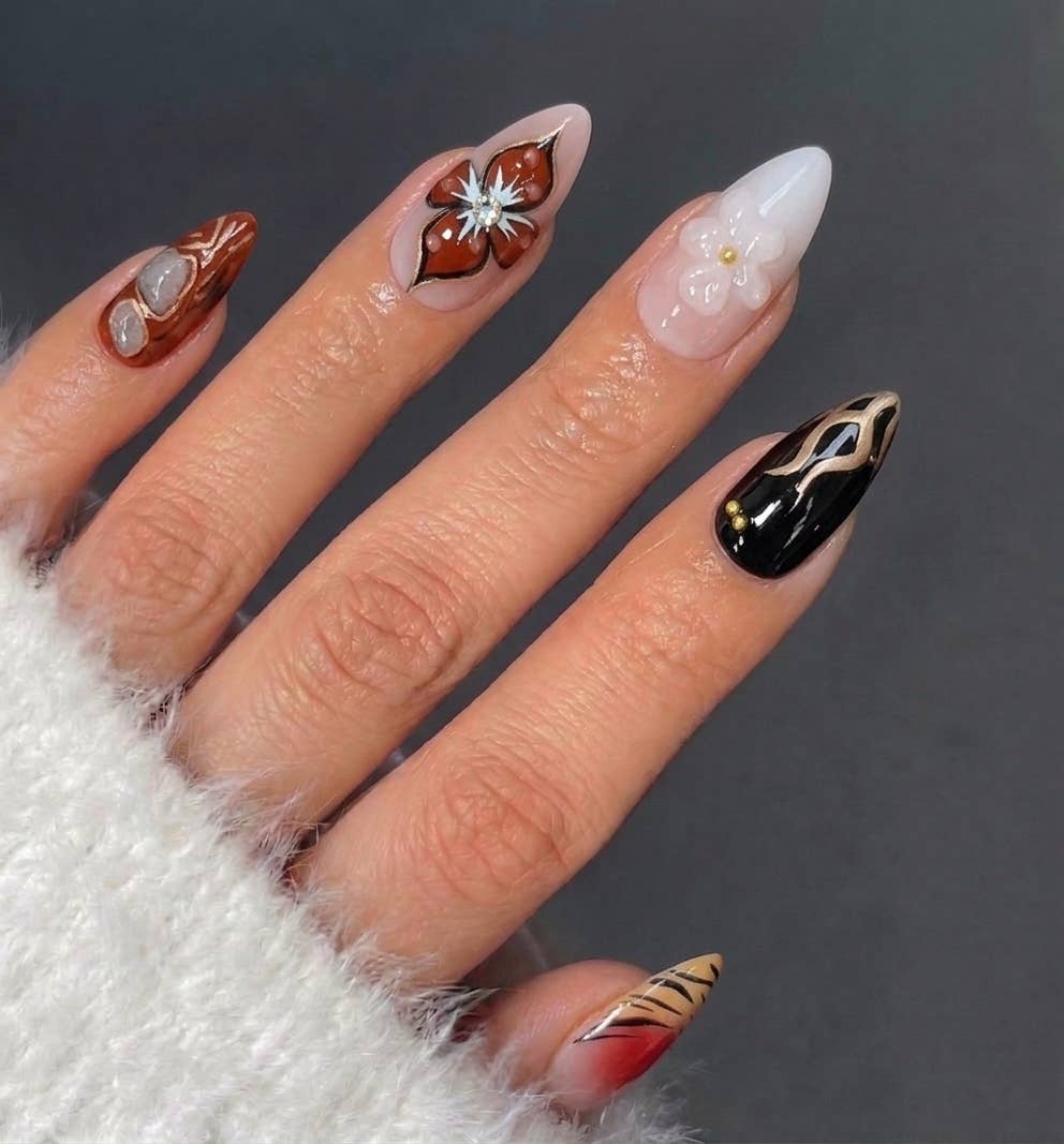 Smoky Leopard French Tip Cat-Eye Press-On Nails - 24PCs