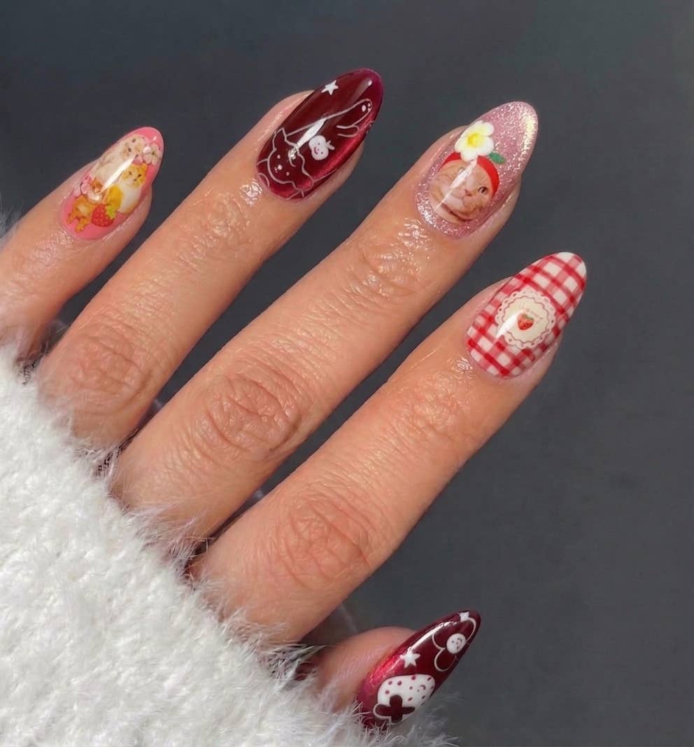 Whimsical Cat and Strawberry Garden Press-On Nails - 24PCs