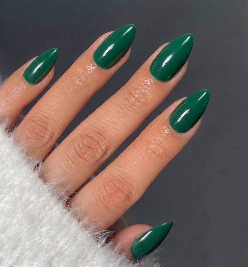 Deep Green Solid Color Almond Press-On Nails - 24PCs